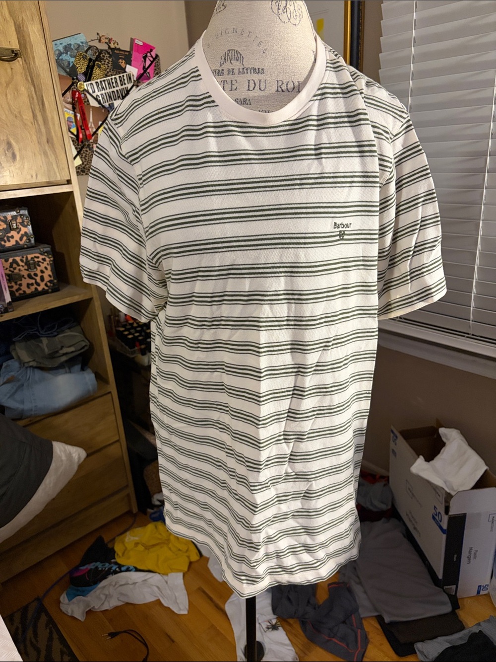 Barbour White and Green Striped Crew Neck Tee